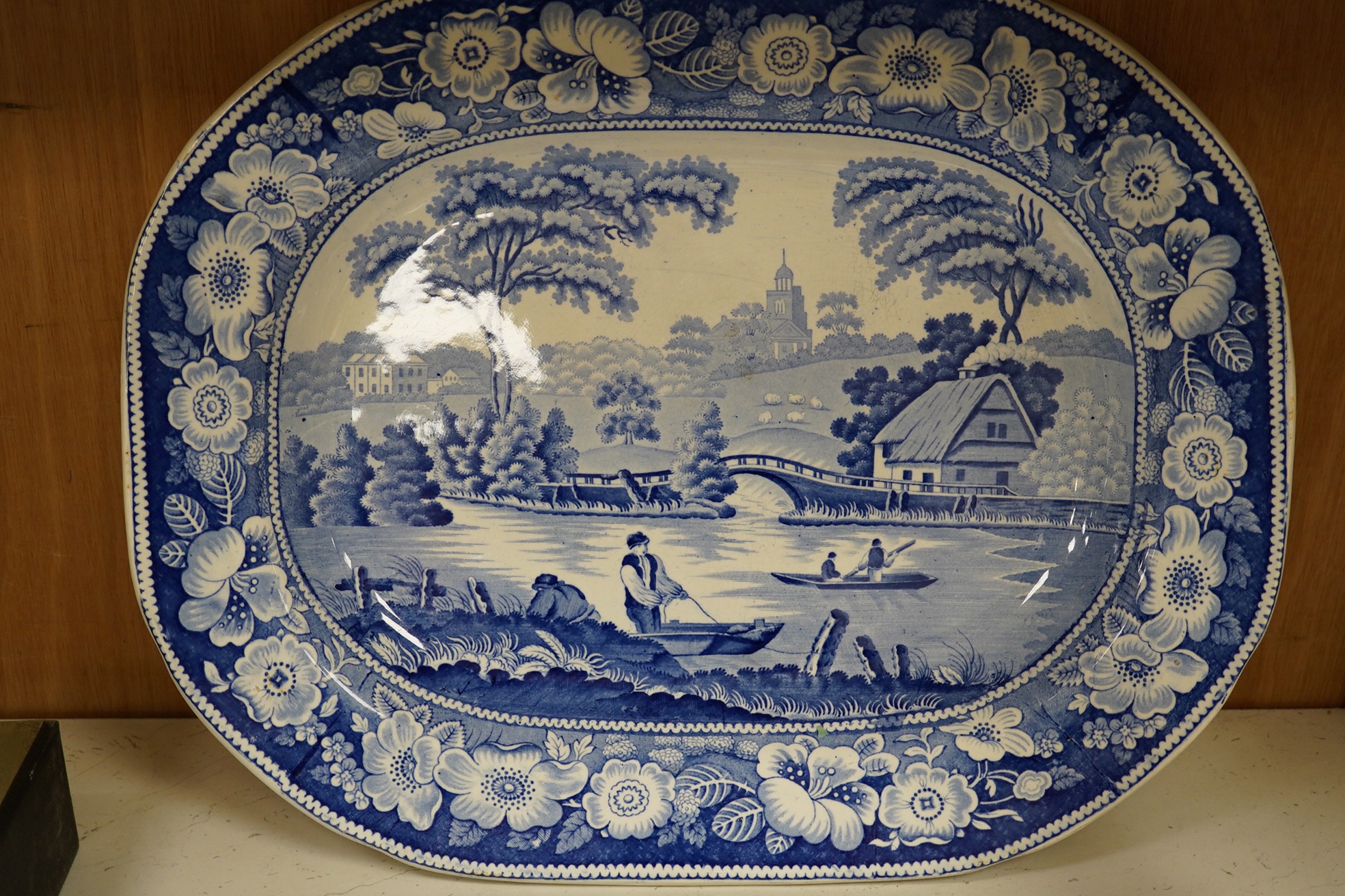 A pair of Victorian blue and white Briar Rose serving plates, 46cm wide. Condition - fair